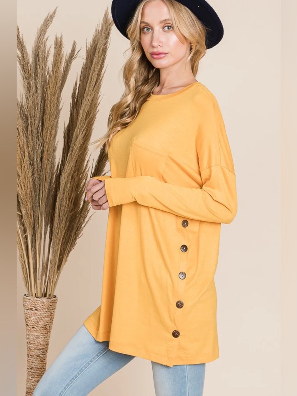 B067 REB. in J. Mustard Long Sleeve Side Button Top